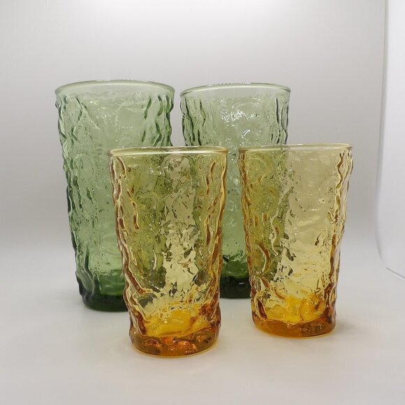 Set of 4 Crinkle Glassware Tumblers, Green and Honey - Picture 2 of 8